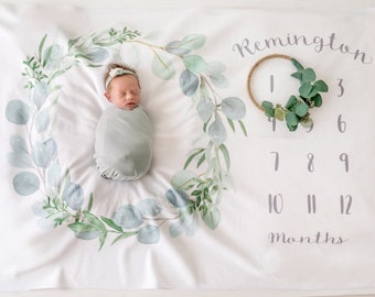 Baby Milestone Blanket- Eucalyptus Leaf Design, Personalized, Watch Me Grow, New Mom Baby Shower Gift, (Listing for BLANKET ONLY)