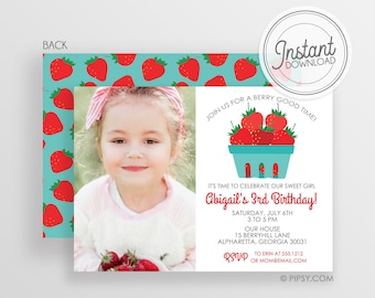 Strawberry Birthday Invitation with Photo,  Summer Party Invitation, DIY, Instant Download & Editable File - Templett Invitation