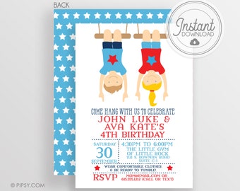 DIY Gymnastics Invitation,  Boy and Girl, Twins, Siblings, Printable Invitation, Templett