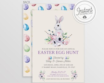 DIY Easter Invitation, Floral Bunny, Watercolor Eggs, Vintage Look, Easter Egg Hunt Invitation,  Easter Brunch Invite