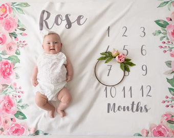 Baby Month Milestone Blanket- Watercolor Roses - Girl - Personalized Baby Blanket - Track Growth and Age - New Mom Baby Shower Gift