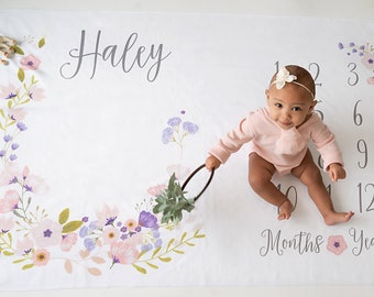 Milestone Blanket - Blossom - Girl - Baby Month Milestone Blanket - Pink & Purple - Personalized Blanket - New Mom Baby Shower Gift