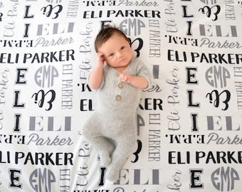 Personalized Baby Blanket Boy, Name Monogram Black Gray Baby blanket, Receiving Blanket, Crib Blanket, Swaddling Blanket, Baby Shower Gift