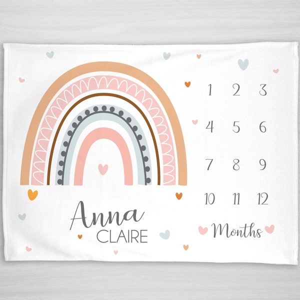 Baby Month Milestone Blanket, Modern Rainbow-Warm colors, Customize with nursery colors, Personalized Baby Blanket, New Mom Baby Shower Gift