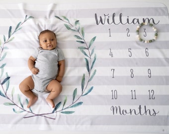 Milestone Blanket- Baby Month Blanket - Boy- Gray Stripes, Watercolor wreath, Baby Blanket -Baby Shower Gift, Gender Neutral