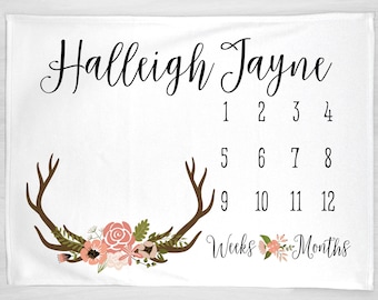 Floral Woodland Milestone Blanket Monthly Growth Tracker,  Deer Antlers Blanket, Newborn Baby Shower Gift, Watch Me Grow, Baby Girl