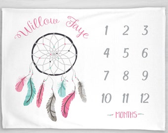 Baby Milestone Blanket- Dreamcatcher Month Blanket - Girl - Personalized Baby Blanket - Track Growth & Age - Boho Blanket - Baby Shower Gift