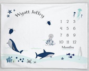 Baby Month Milestone Blanket- Under the Sea - Personalized Baby Blanket - Track Growth and Age - New Mom Baby Shower Gift