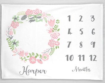 Baby Month Milestone Blanket- Pink Floral Wreath - Girl - Personalized Baby Blanket - Track Growth & Age - New Mom Baby Shower Gift