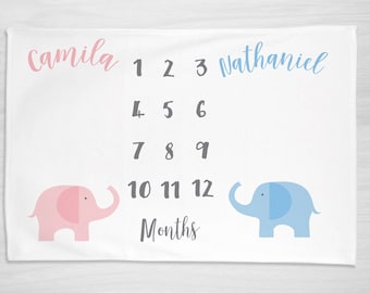 Twin Baby Month Milestone Blanket, Elephants, Twins Personalized Baby Blanket - Track Growth and Age - New Mom Baby Shower Gift
