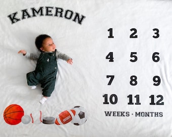 Baby Milestone Blanket- Baby Month Blanket - Classic Sports Theme- Boy- Baby Blanket - Baby Shower Gift - football, basketball, soccer