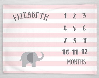 Baby Milestone Blanket- Pink Elephant Baby Month Blanket - Pink & Grey Elephant Girl - Baby Blanket - Track Growth and Age -Baby Shower Gift