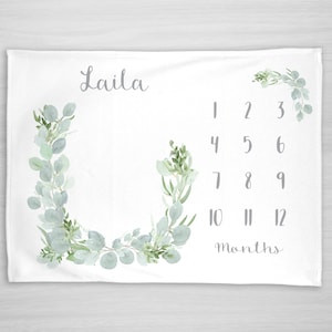 Baby Milestone Blanket- Eucalyptus Leaf Open Wreath Design, Personalized, Watch Me Grow, New Mom Baby Shower Gift