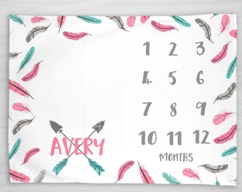 Baby Month Milestone Blanket- Arrows & Feathers - Pink Girl - Personalized Baby Blanket - Track Growth -Baby Shower Gift