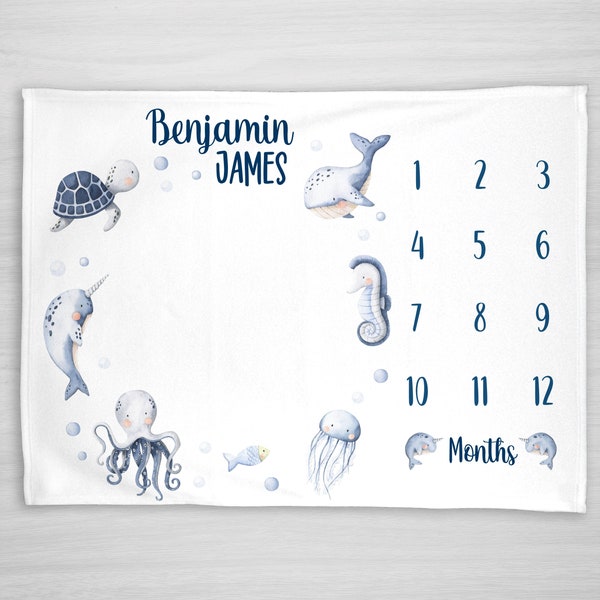 Baby Month Milestone Blanket- Under the Sea, Personalized Baby Blanket, Octopus, Narwahl, Sea Turtle, Whale, New Mom Baby Shower Gift