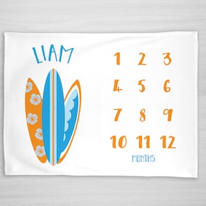 Baby Month Milestone Blanket- Surfer -Surfboards - Ocean -Personalized Baby Blanket - Track Growth and Age - New Mom Baby Shower Gift