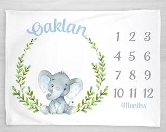 Baby Milestone Blanket- Elephant & Flowers Baby Month Blanket - Boy- Blue Baby Blanket -Baby Shower Gift (elephant with leaves)