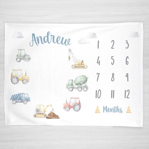 Boy Milestone Blanket- Truck and Construction Vehicles (tractor, dump truck, cement mixer, backhoe, crane), baby shower gift