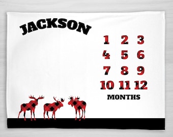 Baby Milestone Blanket- Moose with Buffalo Plaid Baby Month Blanket - Boy - Baby Blanket - Track Growth and Age -Baby Shower Gift