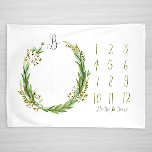 Baby Month Milestone Blanket- Initial Olive Wreath - Girl - Personalized Baby Blanket - Track Growth and Age - New Mom Baby Shower Gift