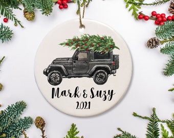 Couples Christmas Ornament, Wedding Ornament, Personalized Wedding Gift, Gray Car Truck with Christmas Tree, First Christmas