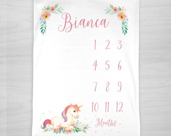 Unicorn Baby Month Milestone Blanket- Girl - Personalized Baby Blanket - Track Growth and Age - New Mom Baby Shower Gift