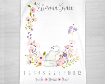 Elephant Floral Baby Milestone Blanket: Personalized Girl Blanket