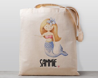 Girls Personalized Kids tote bag, Mermaid with blonde hair, Name school daycare toy bag, Kids, Gender Neutral Canvas Bag