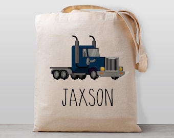 Semi Truck Personalized Kids tote bag, semiruck, Name school daycare toy bag, Boy Girl Kids, Gender Neutral Canvas Bag