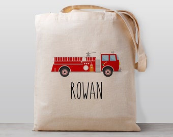 Personalized Kids tote bag, Fire Truck Emergency Vehicle, Name school daycare toy bag, Boy Girl Kids, Gender Neutral Canvas Bag