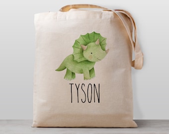 Personalized kid's Tote Bag, Triceratops Dinosaur with name Name for Boy, Girl or Gender Neutral, Canvas School, Preschool or Daycare Bag,