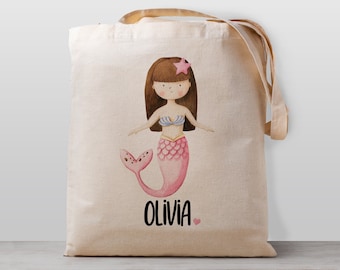 Girls Personalized Kids tote bag, Mermaid with brown hair, Name school daycare toy bag, Kids, Gender Neutral Canvas Bag