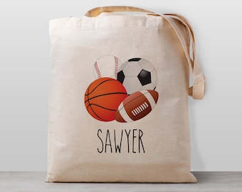 Personalized Kids tote bag, Sports (baseball, basketball, football & soccer)  Name school daycare toy bag, Boy Girl Kids, Gender Neutral