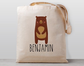 Personalized Bear Tote Bag, Name, Boy Girl Kids, Gender Neutral Canvas Bag