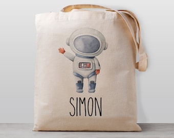 Personalized Kids tote bag, astronaut in space,  Name school daycare toy bag, Boy Girl Kids, Gender Neutral Canvas Bag