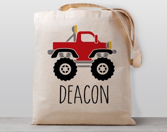 Personalized Kids tote bag, red monster truck, Name school daycare toy bag, Boy Girl Kids, Gender Neutral Canvas Bag