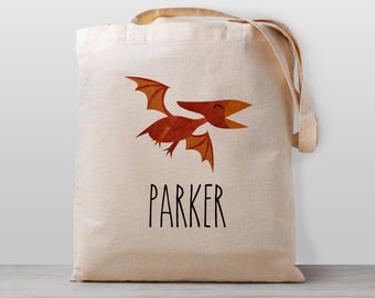 Personalized Dinosaur Tote Bag, Name, Boy Girl Kids, Gender Neutral Canvas Bag, Pterodactyl