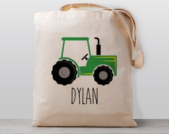 Personalized Kids tote bag, Farm Tractor Green, Name school daycare toy bag, Boy Girl Kids, Gender Neutral Canvas Bag