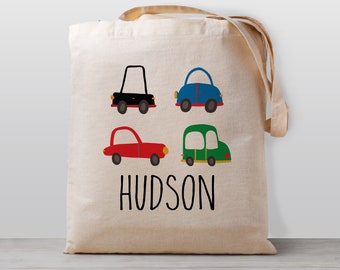 Personalized Kids tote bag, Cars and automobiles, Name school daycare toy bag, Boy Girl Kids, Gender Neutral Canvas Bag