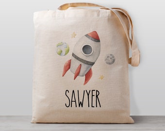 Personalized Kids tote bag, rocket ship astronaut in space,  Name school daycare toy bag, Boy Girl Kids, Gender Neutral Canvas Bag