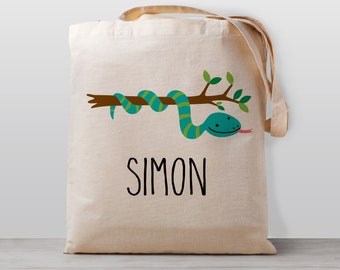 Personalized Kids tote bag, snake,  Name school daycare toy bag, Boy Girl Kids, Gender Neutral Canvas Bag