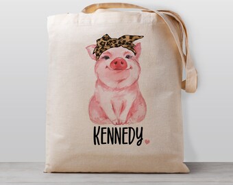 Personalized kid's Tote Bag, Cute Pig with a Leopard Cheetah Headband Bow, Girl Canvas School, Preschool or Daycare Bag