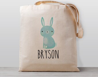 Personalized Bunny Rabbit Tote Bag, Name, Boy Girl Kids, Gender Neutral Canvas Bag, Great for Easter or year round