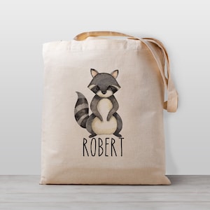 Sac fourre-tout personnalisé pour enfants, raton laveur, sac de jouets de garderie d'école de nom, garçon fille enfants, sac en toile neutre de genre