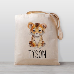 Sac fourre-tout personnalisé pour enfants, Tigre, Sac à jouets de garderie scolaire nommé, Garçon Fille Enfants, Sac en toile neutre en matière de genre