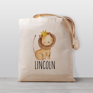 Sac fourre-tout personnalisé pour enfant, Lion avec nom Nom pour garçon, fille ou genre neutre, école de toile, sac préscolaire ou garderie,
