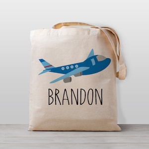 Sac fourre-tout personnalisé pour enfants, avion, sac de jouets de garderie d'école de nom, garçon fille enfants, sac en toile neutre de genre
