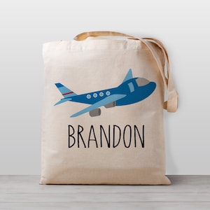 Personalized Kids tote bag, Airplane, Name school daycare toy bag, Boy Girl Kids, Gender Neutral Canvas Bag