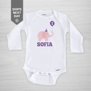 Baby&#39;s First Birthday Elephant Onesie® Personalized, Elephant and Balloons,  Choose your colors, Gerber Onesie®