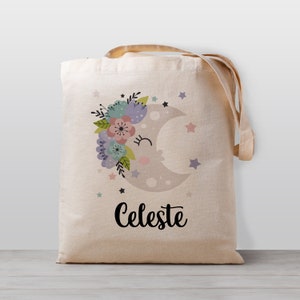 Sac fourre-tout personnalisé pour enfant, Lune avec fleurs et étoiles, cartable de bibliothèque, cartable d'école, d'école maternelle ou de garderie, style kawaii